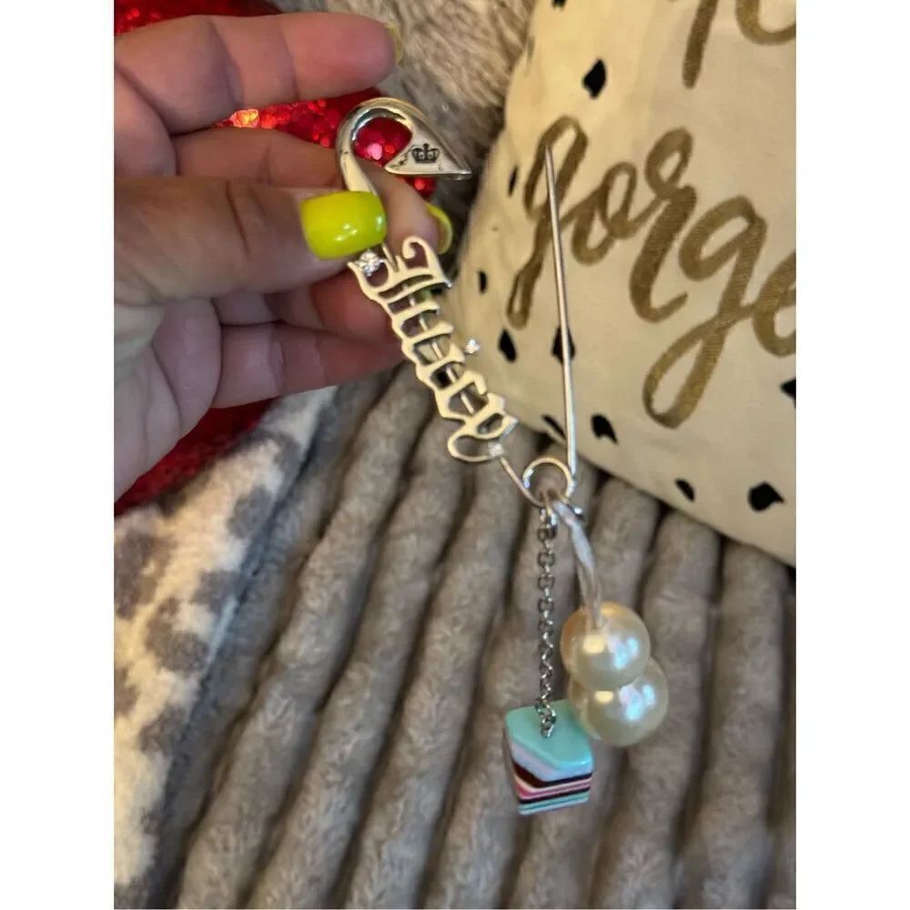 Juicy couture royal striped gothic pearl safety pin bag charm /fob keychain